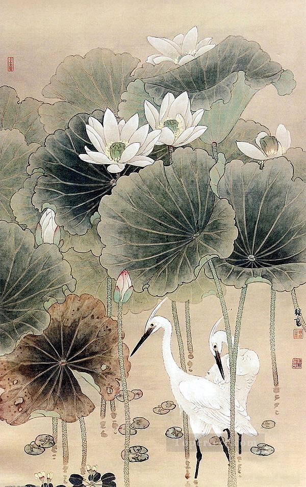 Egret in waterlily pond antique Chinese Oil Paintings